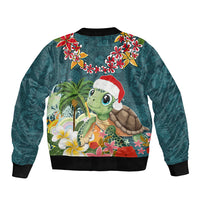 Hawaii Honu Mele Kalikimaka Sleeve Zip Bomber Jacket Santa Tropical Flower Aloha Summer Turquoise Version LT03 - Polynesian Pride