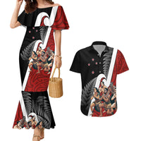New Zealand Te Matatini Couples Matching Mermaid Dress and Hawaiian Shirt Kapa Haka and Silver Fern - Maori Art Pattern