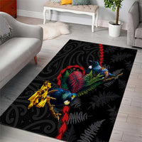 New Zealand Tui Birds Love Couple Area Rug The Heart of Silver Fern Leaves and Maori Tattoo Pattern