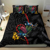 New Zealand Tui Birds Love Couple Bedding Set The Heart of Silver Fern Leaves and Maori Tattoo Pattern