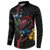 New Zealand Tui Birds Love Couple Button Sweatshirt The Heart of Silver Fern Leaves and Maori Tattoo Pattern