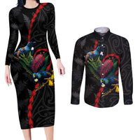 New Zealand Tui Birds Love Couple Couples Matching Long Sleeve Bodycon Dress and Long Sleeve Button Shirt The Heart of Silver Fern Leaves and Maori Tattoo Pattern LT03 Black - Polynesian Pride