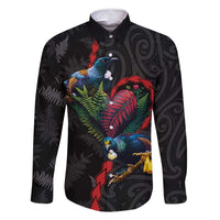 New Zealand Tui Birds Love Couple Family Matching Off Shoulder Maxi Dress and Hawaiian Shirt The Heart of Silver Fern Leaves and Maori Tattoo Pattern