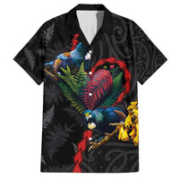 New Zealand Tui Birds Love Couple Family Matching Off Shoulder Short Dress and Hawaiian Shirt The Heart of Silver Fern Leaves and Maori Tattoo Pattern