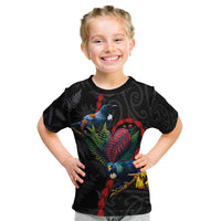 New Zealand Tui Birds Love Couple Kid T Shirt The Heart of Silver Fern Leaves and Maori Tattoo Pattern