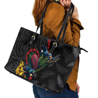 New Zealand Tui Birds Love Couple Leather Tote Bag The Heart of Silver Fern Leaves and Maori Tattoo Pattern