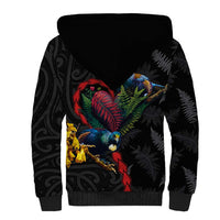 New Zealand Tui Birds Love Couple Sherpa Hoodie The Heart of Silver Fern Leaves and Maori Tattoo Pattern