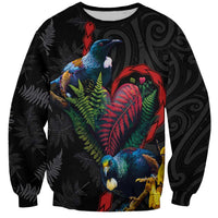 New Zealand Tui Birds Love Couple Sweatshirt The Heart of Silver Fern Leaves and Maori Tattoo Pattern LT03 Unisex Black - Polynesian Pride
