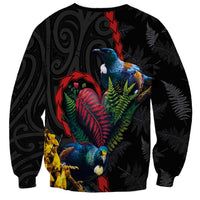 New Zealand Tui Birds Love Couple Sweatshirt The Heart of Silver Fern Leaves and Maori Tattoo Pattern LT03 - Polynesian Pride