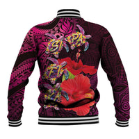 Pasifika Festival Baseball Jacket Plumeria Turtles with Hibiscus - Polynesian Art Tattoo Pink Color