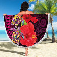 Pasifika Festival Beach Blanket Plumeria Turtles with Hibiscus - Polynesian Art Tattoo Pink Color