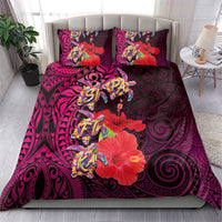 Pasifika Festival Bedding Set Plumeria Turtles with Hibiscus - Polynesian Art Tattoo Pink Color