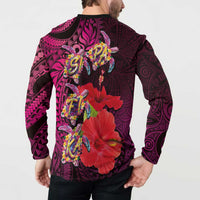 Pasifika Festival Button Sweatshirt Plumeria Turtles with Hibiscus - Polynesian Art Tattoo Pink Color