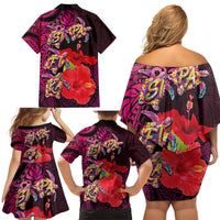 Pasifika Festival Family Matching Off Shoulder Short Dress and Hawaiian Shirt Plumeria Turtles with Hibiscus - Polynesian Art Tattoo Pink Color