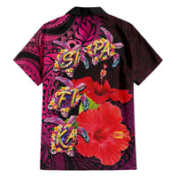 Pasifika Festival Family Matching Off Shoulder Short Dress and Hawaiian Shirt Plumeria Turtles with Hibiscus - Polynesian Art Tattoo Pink Color
