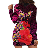 Pasifika Festival Hoodie Dress Plumeria Turtles with Hibiscus - Polynesian Art Tattoo Pink Color