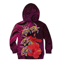 Pasifika Festival Kid Hoodie Plumeria Turtles with Hibiscus - Polynesian Art Tattoo Pink Color