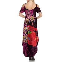 Pasifika Festival Summer Maxi Dress Plumeria Turtles with Hibiscus - Polynesian Art Tattoo Pink Color