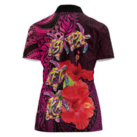 Pasifika Festival Women Polo Shirt Plumeria Turtles with Hibiscus - Polynesian Art Tattoo Pink Color