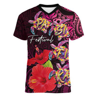 Pasifika Festival Women V-Neck T-Shirt Plumeria Turtles with Hibiscus - Polynesian Art Tattoo Pink Color LT03 Female Pink - Polynesian Pride