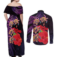 Pasifika Festival Couples Matching Off Shoulder Maxi Dress and Long Sleeve Button Shirt Plumeria Turtles with Hibiscus - Polynesian Art Tattoo Purple Color