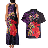 Pasifika Festival Couples Matching Tank Maxi Dress and Hawaiian Shirt Plumeria Turtles with Hibiscus - Polynesian Art Tattoo Purple Color