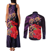 Pasifika Festival Couples Matching Tank Maxi Dress and Long Sleeve Button Shirt Plumeria Turtles with Hibiscus - Polynesian Art Tattoo Purple Color