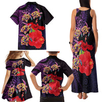 Pasifika Festival Family Matching Tank Maxi Dress and Hawaiian Shirt Plumeria Turtles with Hibiscus - Polynesian Art Tattoo Purple Color
