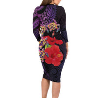 Pasifika Festival Long Sleeve Bodycon Dress Plumeria Turtles with Hibiscus - Polynesian Art Tattoo Purple Color