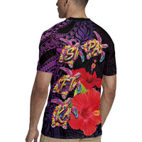 Pasifika Festival Rugby Jersey Plumeria Turtles with Hibiscus - Polynesian Art Tattoo Purple Color