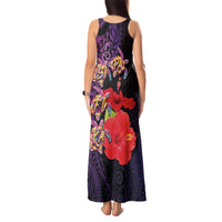 Pasifika Festival Tank Maxi Dress Plumeria Turtles with Hibiscus - Polynesian Art Tattoo Purple Color