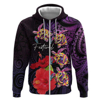 Pasifika Festival Zip Hoodie Plumeria Turtles with Hibiscus - Polynesian Art Tattoo Purple Color
