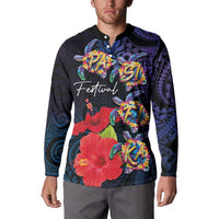 Pasifika Festival Button Sweatshirt Plumeria Turtles with Hibiscus - Polynesian Art Tattoo Dark Navy Color