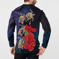 Pasifika Festival Button Sweatshirt Plumeria Turtles with Hibiscus - Polynesian Art Tattoo Dark Navy Color