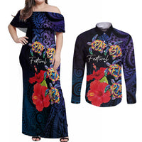Pasifika Festival Couples Matching Off Shoulder Maxi Dress and Long Sleeve Button Shirt Plumeria Turtles with Hibiscus - Polynesian Art Tattoo Dark Navy Color