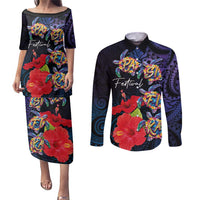 Pasifika Festival Couples Matching Puletasi and Long Sleeve Button Shirt Plumeria Turtles with Hibiscus - Polynesian Art Tattoo Dark Navy Color