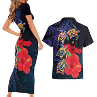 Pasifika Festival Couples Matching Short Sleeve Bodycon Dress and Hawaiian Shirt Plumeria Turtles with Hibiscus - Polynesian Art Tattoo Dark Navy Color