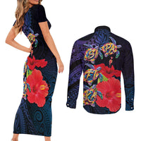Pasifika Festival Couples Matching Short Sleeve Bodycon Dress and Long Sleeve Button Shirt Plumeria Turtles with Hibiscus - Polynesian Art Tattoo Dark Navy Color