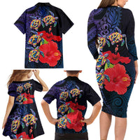 Pasifika Festival Family Matching Long Sleeve Bodycon Dress and Hawaiian Shirt Plumeria Turtles with Hibiscus - Polynesian Art Tattoo Dark Navy Color