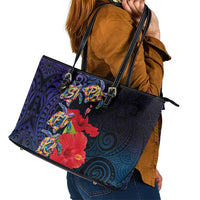 Pasifika Festival Leather Tote Bag Plumeria Turtles with Hibiscus - Polynesian Art Tattoo Dark Navy Color