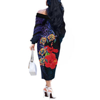 Pasifika Festival Off The Shoulder Long Sleeve Dress Plumeria Turtles with Hibiscus - Polynesian Art Tattoo Dark Navy Color