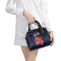 Pasifika Festival Shoulder Handbag Plumeria Turtles with Hibiscus - Polynesian Art Tattoo Dark Navy Color