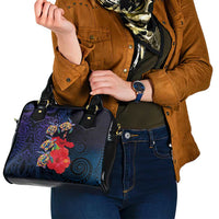 Pasifika Festival Shoulder Handbag Plumeria Turtles with Hibiscus - Polynesian Art Tattoo Dark Navy Color
