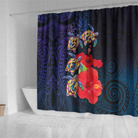 Pasifika Festival Shower Curtain Plumeria Turtles with Hibiscus - Polynesian Art Tattoo Dark Navy Color