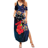 Pasifika Festival Summer Maxi Dress Plumeria Turtles with Hibiscus - Polynesian Art Tattoo Dark Navy Color
