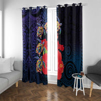 Pasifika Festival Window Curtain Plumeria Turtles with Hibiscus - Polynesian Art Tattoo Dark Navy Color
