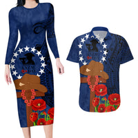 Cook Island ANZAC Day Couples Matching Long Sleeve Bodycon Dress and Hawaiian Shirt Soldier Paying Respect We Shall Remember Them LT03 Blue - Polynesian Pride