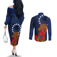 Cook Island ANZAC Day Couples Matching Off The Shoulder Long Sleeve Dress and Long Sleeve Button Shirt Soldier Paying Respect We Shall Remember Them LT03 - Polynesian Pride