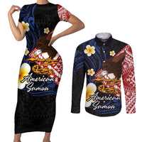 American Samoa Flag Day Couples Matching Short Sleeve Bodycon Dress and Long Sleeve Button Shirt Polynesian Tatau Art and Plumeria