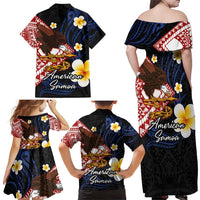 American Samoa Flag Day Family Matching Off Shoulder Maxi Dress and Hawaiian Shirt Polynesian Tatau Art and Plumeria